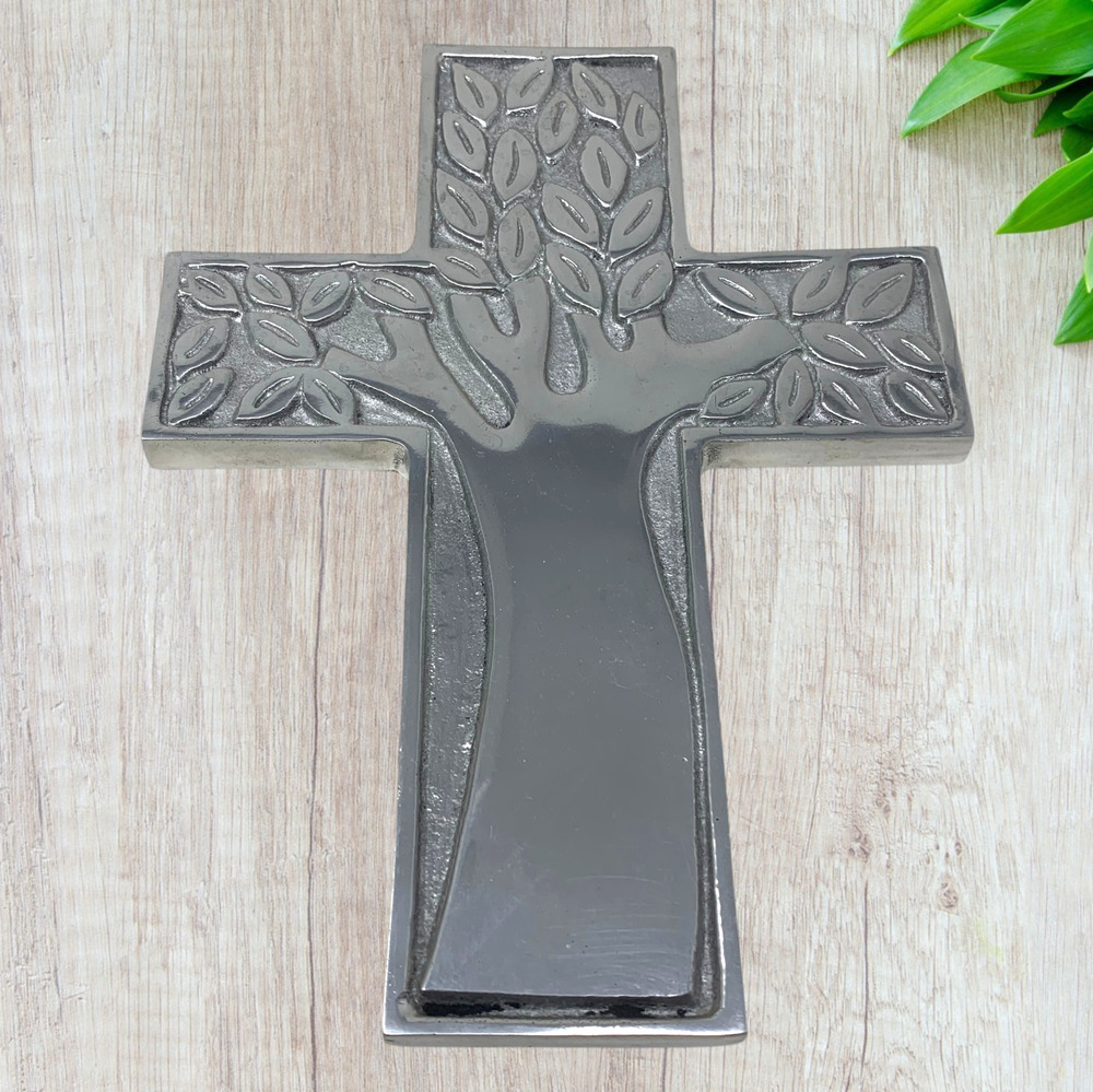 Vtg Tree of Life Aluminum Wall Cross Silver Tone Christian Religious Décor 9"